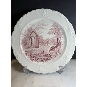English Abbey Red Transferware Dinner Plates 10" England Mulberry Set of 2